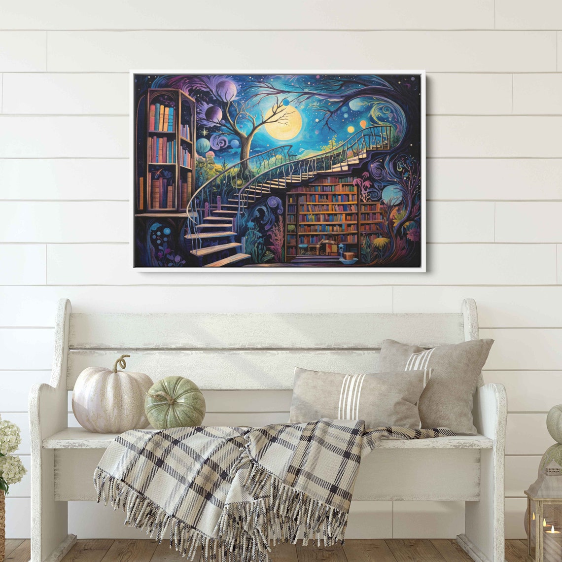 Moonlit Spiral Staircase Night Library Whimsical Fantasy Book Poster - Image 3