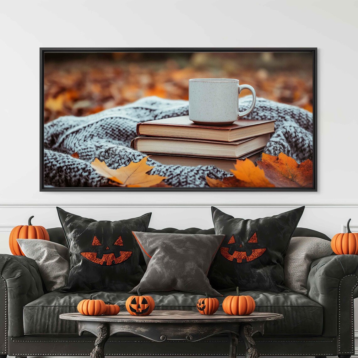 Cozy Coffee Mug Stacked Books Knit Blanket Autumn Leaves Fall Poster - Image 3