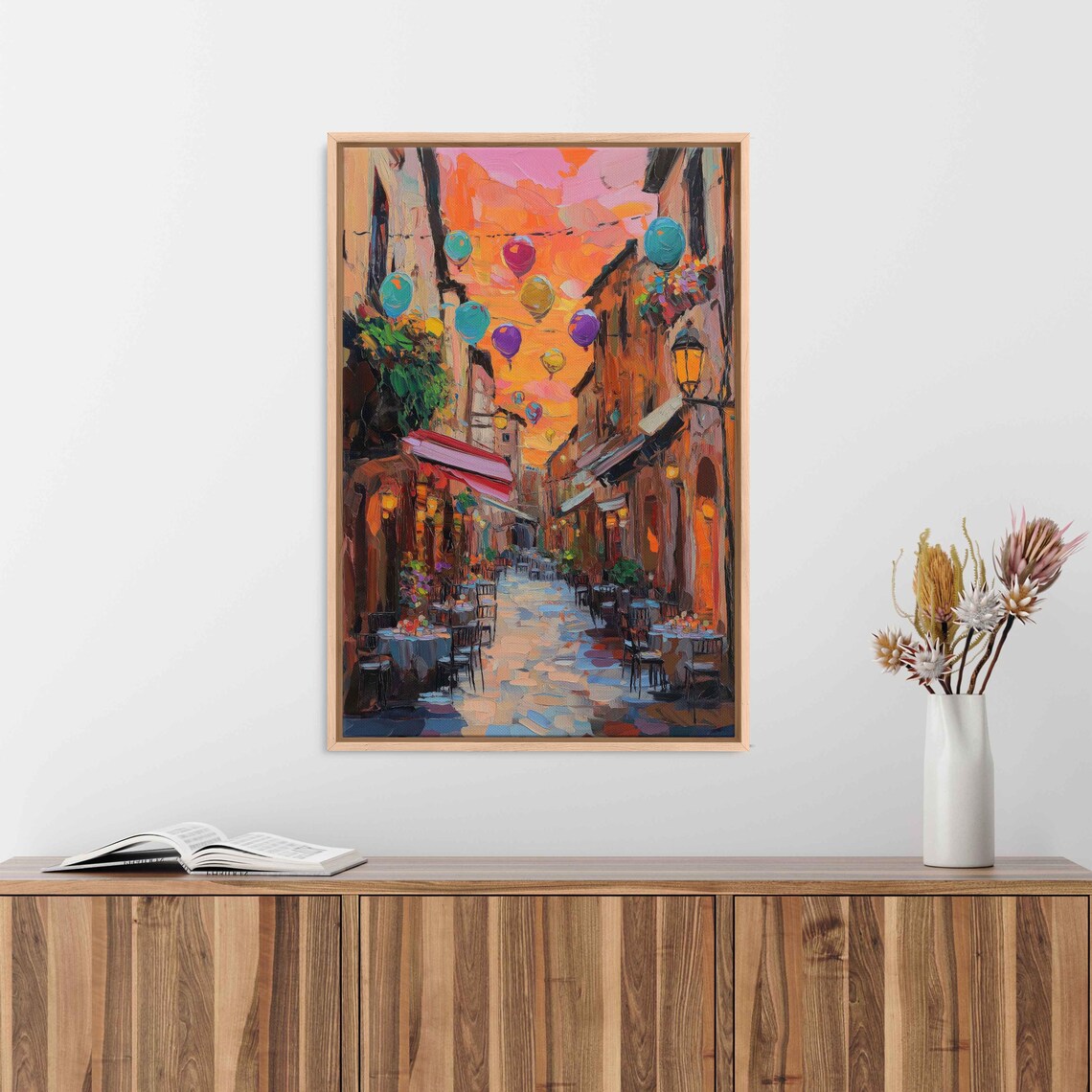 Italian Old Town Alley Festival Colorful Lanterns Sunset Art Poster - Image 3