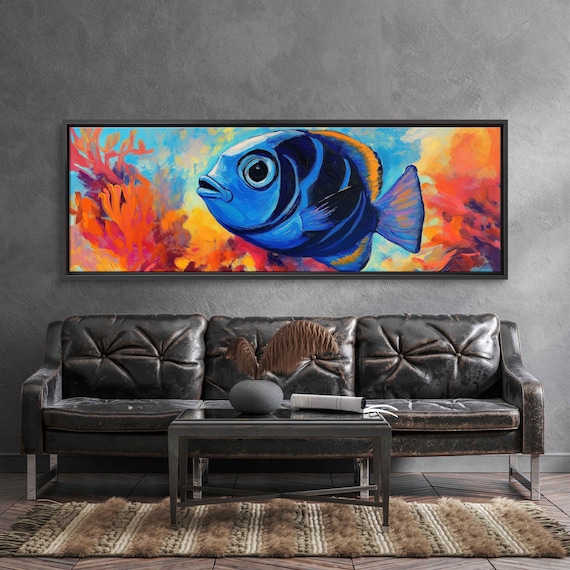 Vibrant Blue Tang Fish Wall Art Print Acrylic Painting Coral Background Underwater Scene