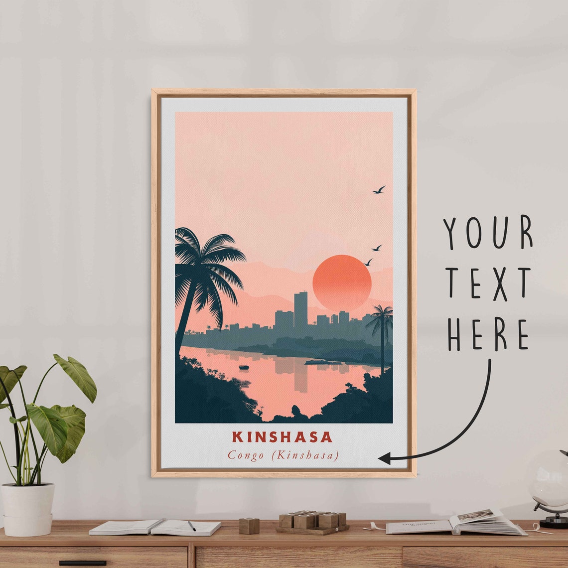 Kinshasa Congo River Skyline Sunset Palm Beach Sun Travel Poster