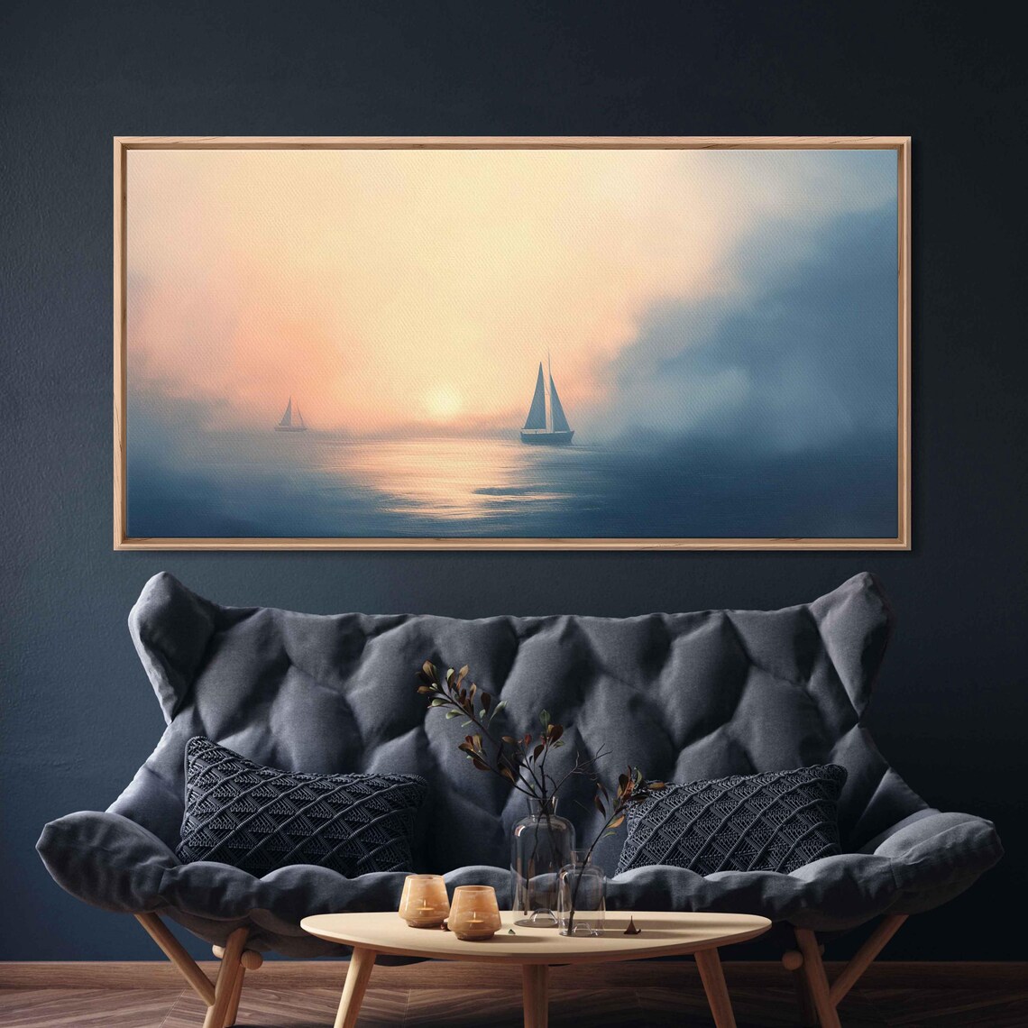 Misty Ocean Morning Sailboats Peach Sky Calm Sea Serenity Poster