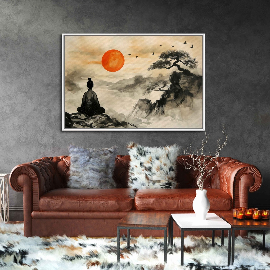 Meditation Under Red Sun Japanese Ink Painting Pine Bonsai Poster - Image 3