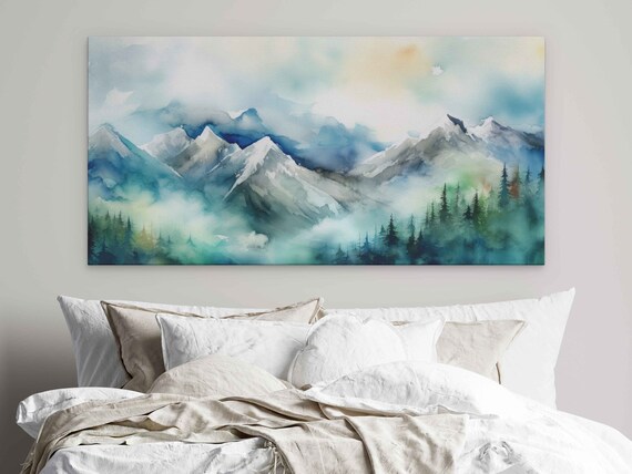 Abstract Watercolor Of Foggy Forest And Mountain Landscape Print On Ready To Hang Beautiful Serene Nature Decor