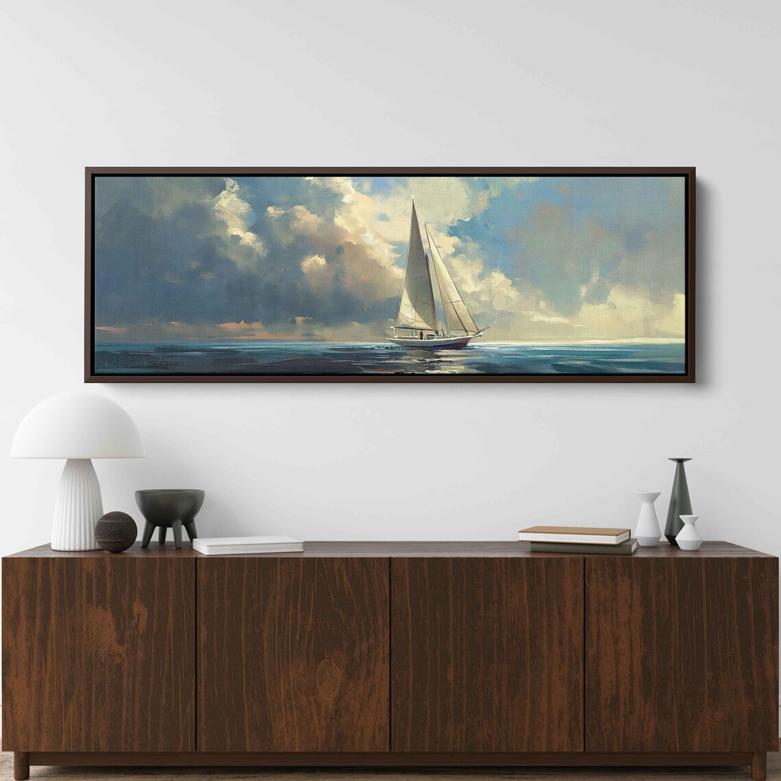 Sailboat Gliding Open Sea Dramatic Cloudy Sky Seascape Painting Poster - Image 2