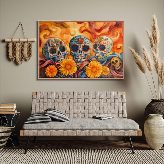 Dia De Los Muertos Sugar Skulls Marigolds Vibrant Mexican Art Poster