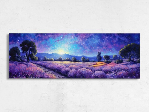 Colorful Lavender Field Panoramic Painting Reproduction Print Ready To Hang Starry Night Sky