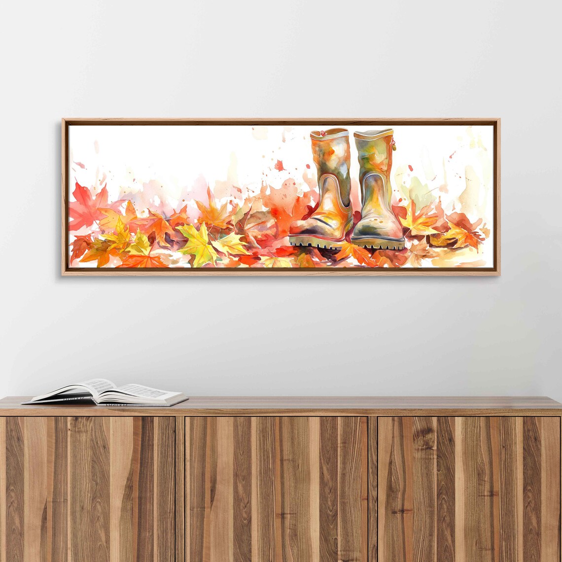Yellow Rain Boots Among Red Maple Leaves Watercolor Fall Art Poster