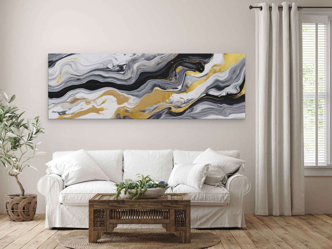 Black White Gold Panoramic Marble Swirl Abstract Wall Art Poster - Image 3