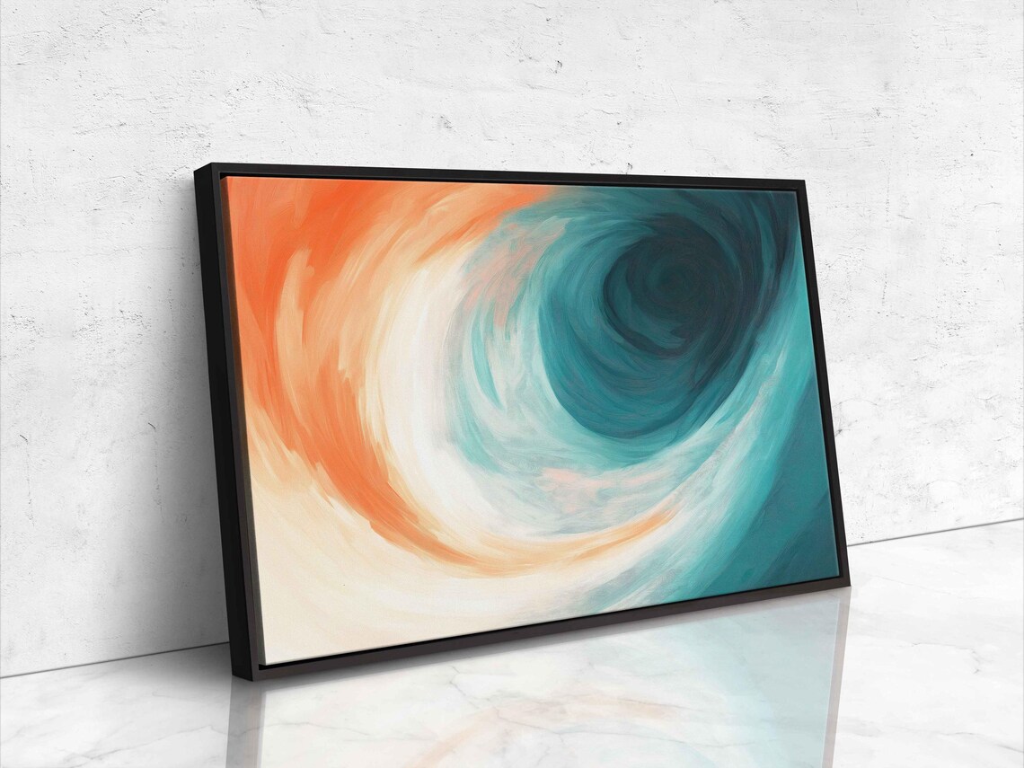 Abstract Teal and Orange Ocean Swirl Painting Modern Wall Art Poster - Image 4
