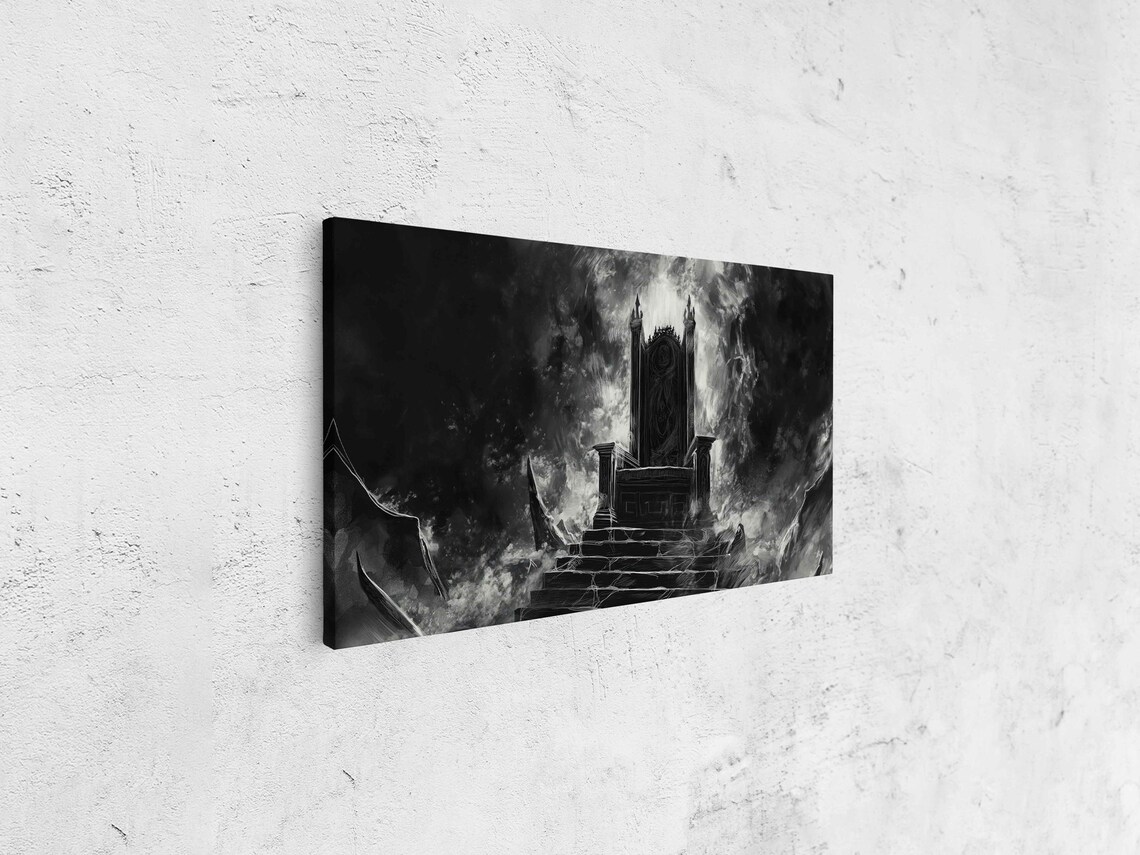 Gothic Throne on Stormy Cliffs Dramatic Dark Fantasy Painting Halloween Poster - Image 4