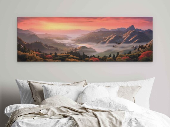Panoramic Mountain Landscape Foggy Rolling Hills Sunset Sky Print On Ready To Hang