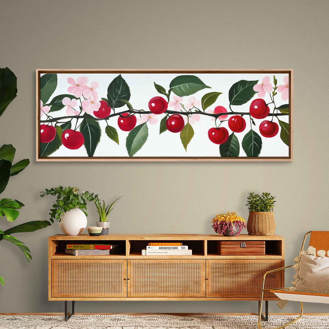 Red Cherries Pink Blossoms Branch Wide Panoramic Botanical Art Poster - Image 3