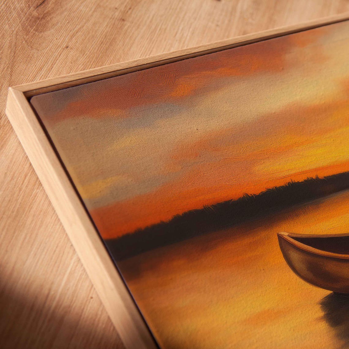 Solitary Canoe On Glassy Lake Wall Art Print Impressionistic Sunset Scene - Image 2