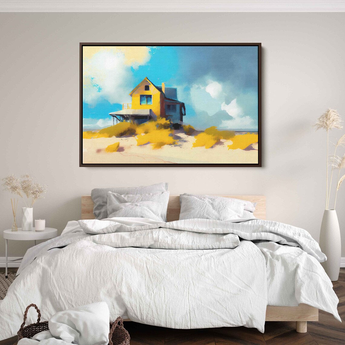 Yellow Beach House On Dunes Sunny Coastal Semi Abstract Oil Painting Poster - Image 2