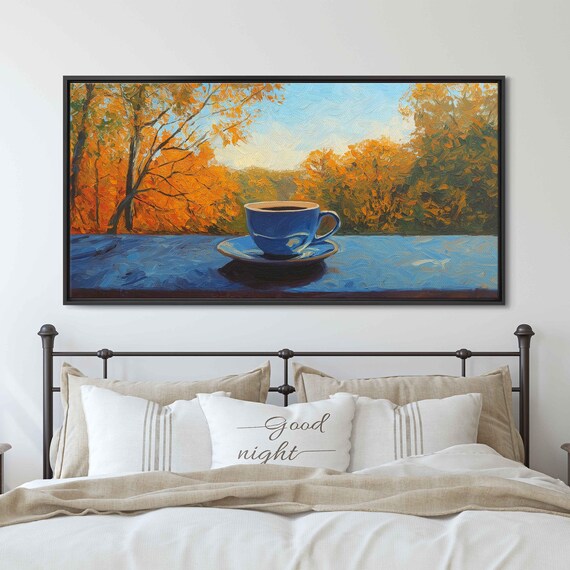 Blue Coffee Cup On Ledge Against Vibrant Autumn Foliage Painting