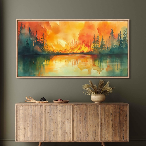 Forest Fire Panorama, Vibrant Watercolor Scene