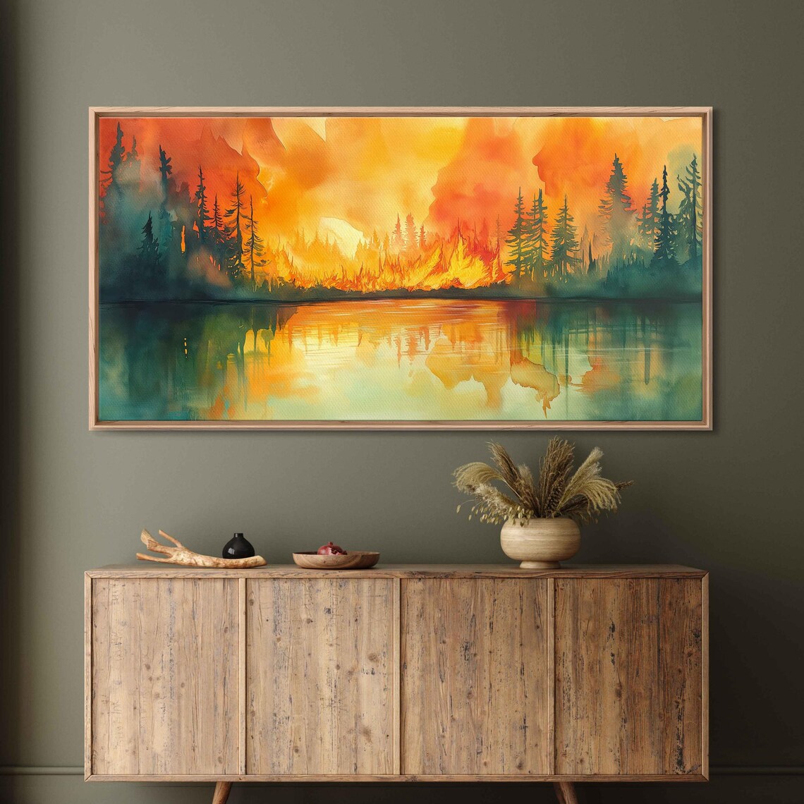 Forest Fire Panorama, Vibrant Watercolor Scene