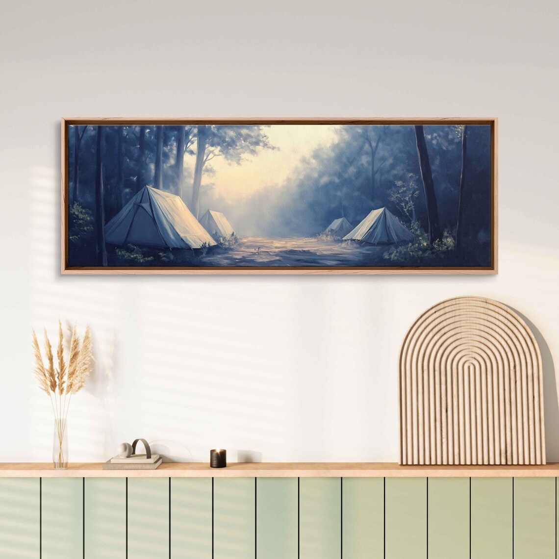 Foggy Forest Campsite Tents Ethereal Dawn Glow Muted Blue Nature Poster - Image 3