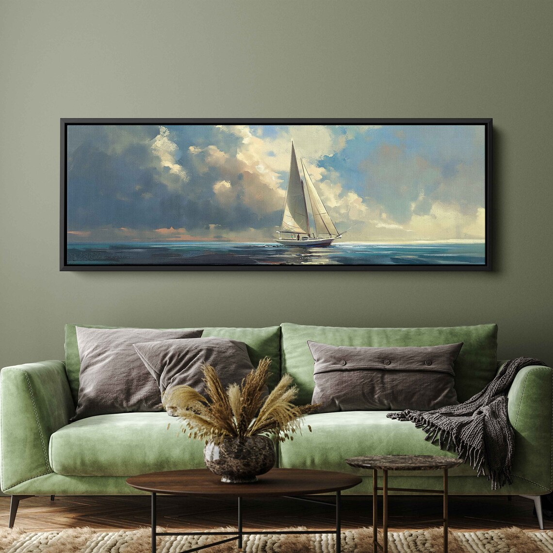 Sailboat Gliding Open Sea Dramatic Cloudy Sky Seascape Painting Poster - Image 3