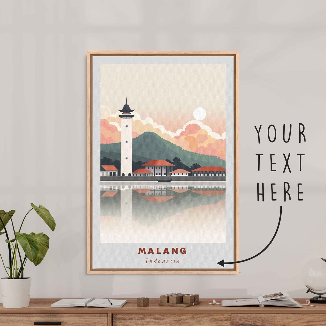Malang Indonesia Tower Waterfront Reflection Retro Travel Poster