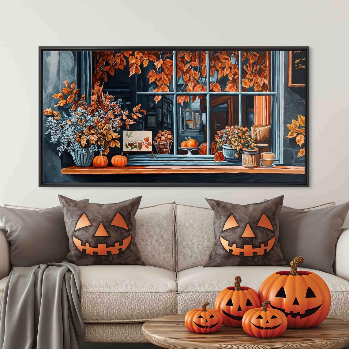 Autumn Cafe Window With Pumpkins And Coffee Painting Art Print - Image 3