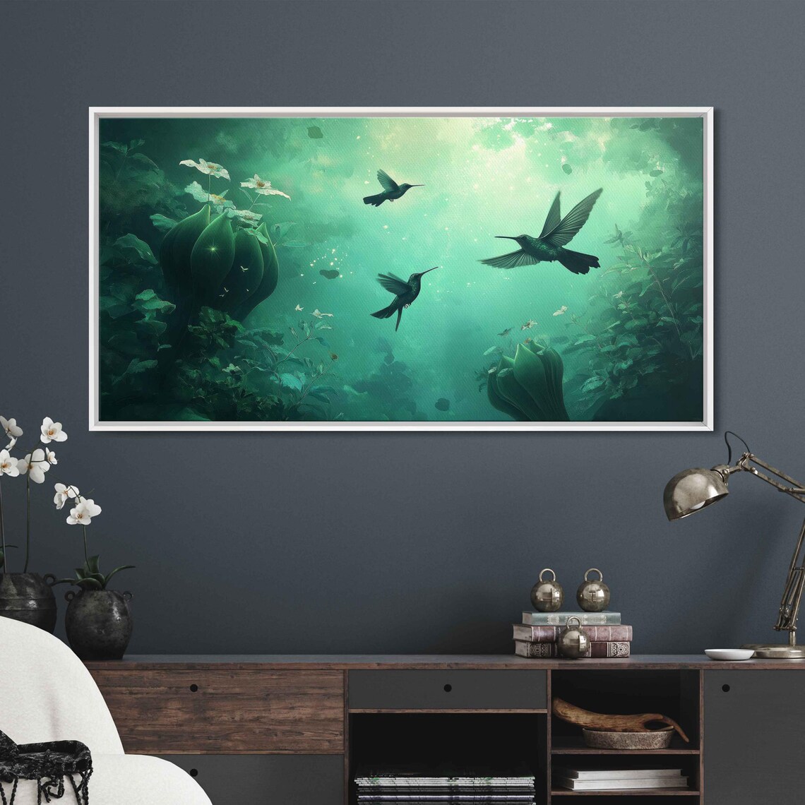 Giant Hummingbirds Flower Pods Teal Misty Garden Flight Poster