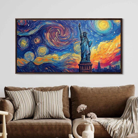 Statue Of Liberty Starry Night Swirling Sky New York Skyline Art Poster
