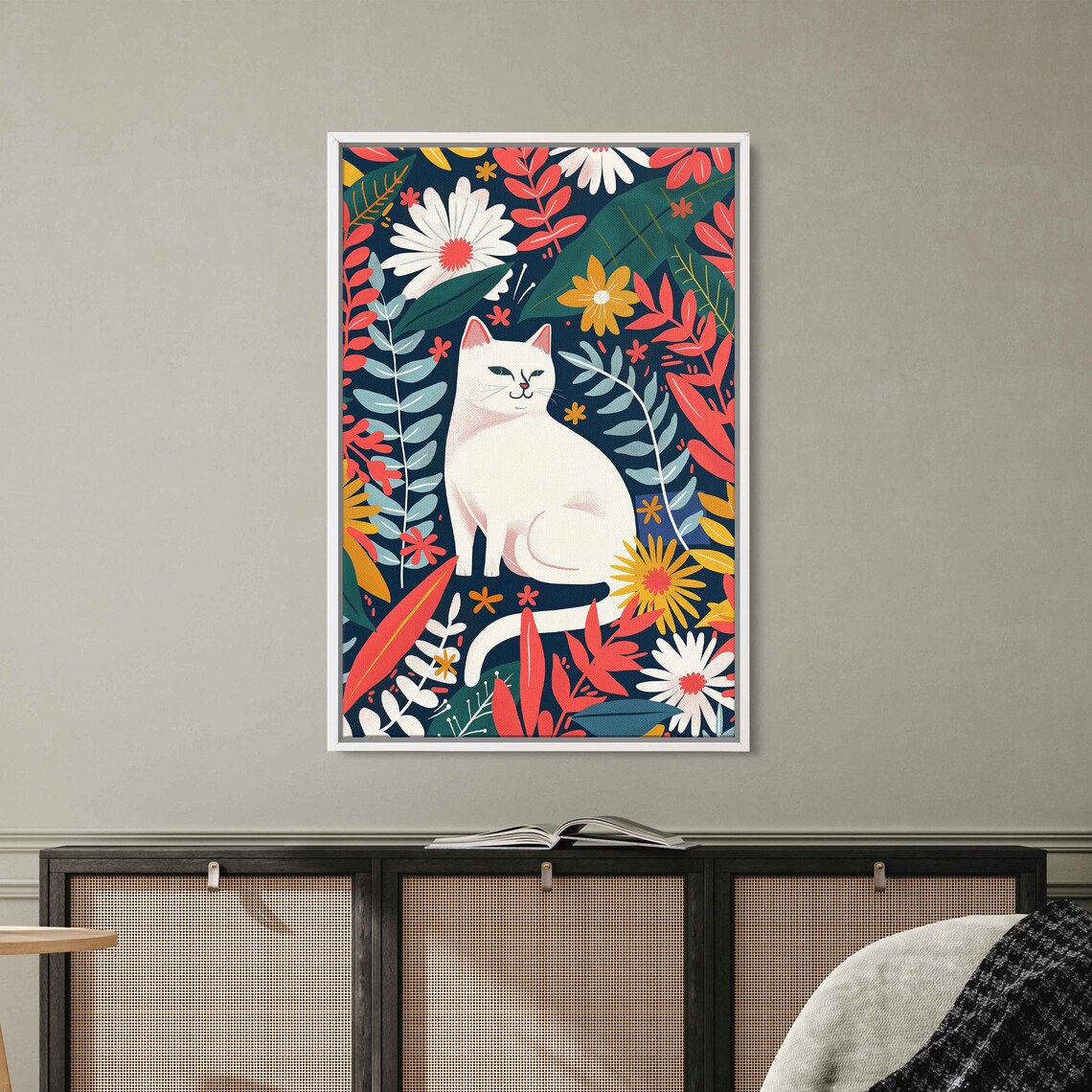 White Cat Colorful Tropical Floral Garden Cheerful Modern Art Poster - Image 2