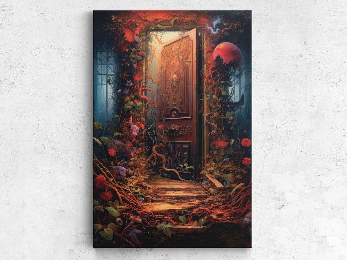 Glowing Carved Door Red Vines Blooms Magical Fantasy Art Print