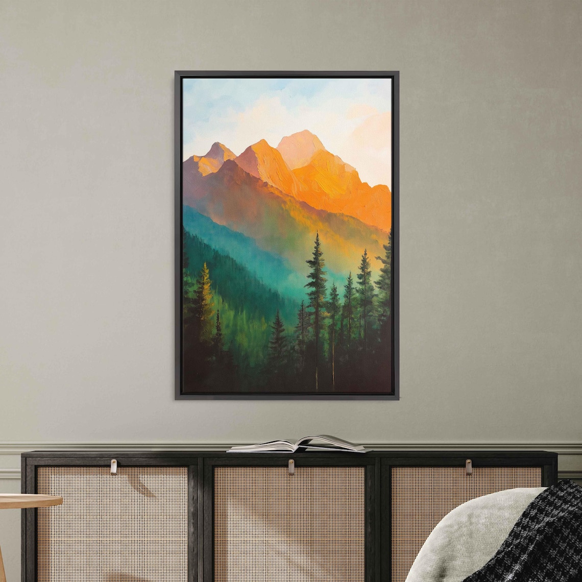 Majestic Mountain Peaks Golden Hour Green Pine Forest Landscape Poster