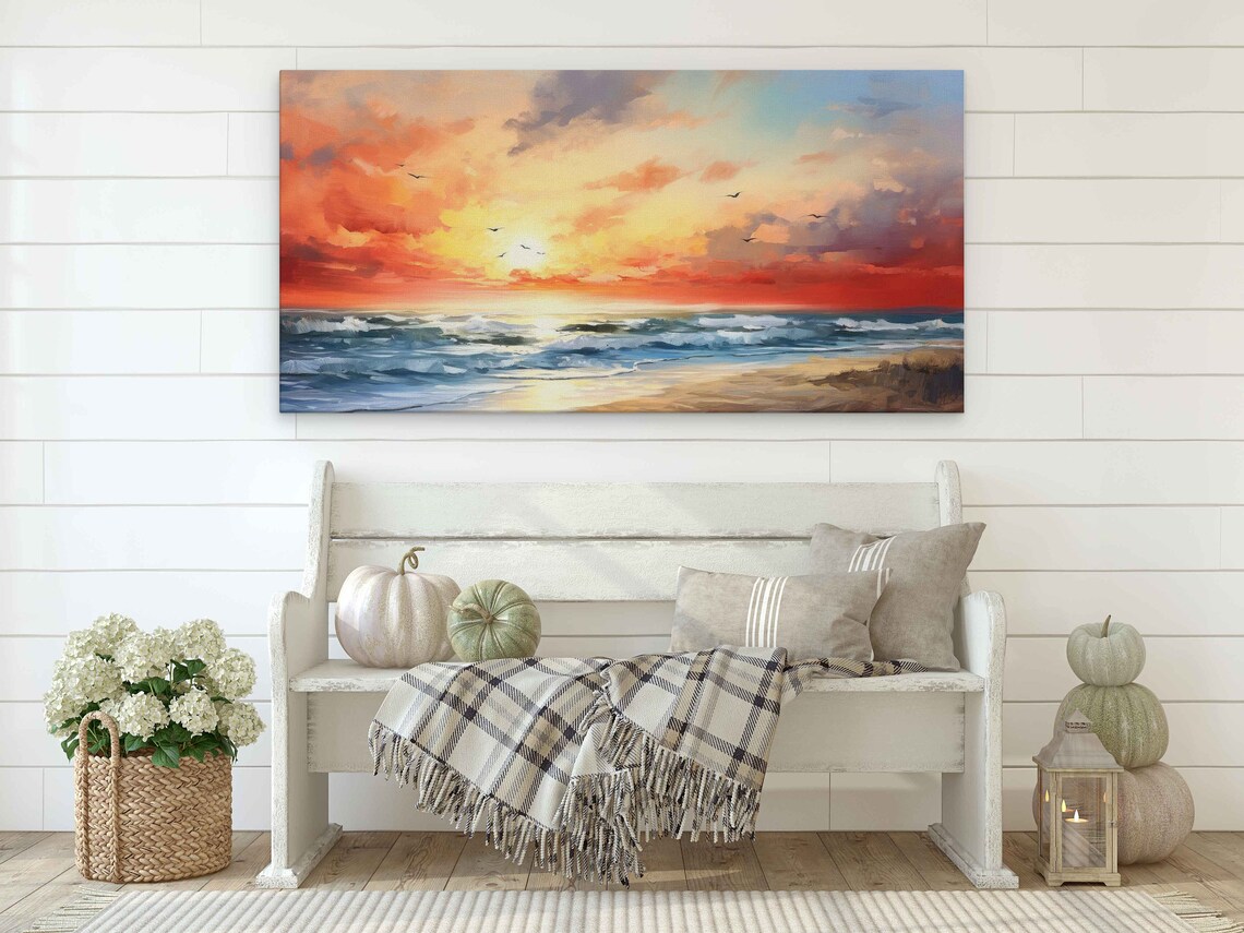 Beach Sunset Red Golden Sky Waves Oil Painting Wall Art Poster - Image 4