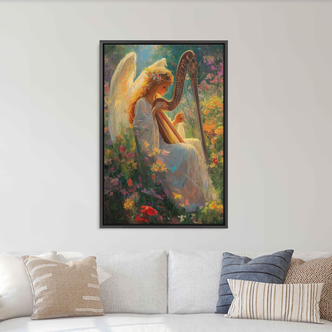 Angel Playing Harp in Flower Fields Art Print