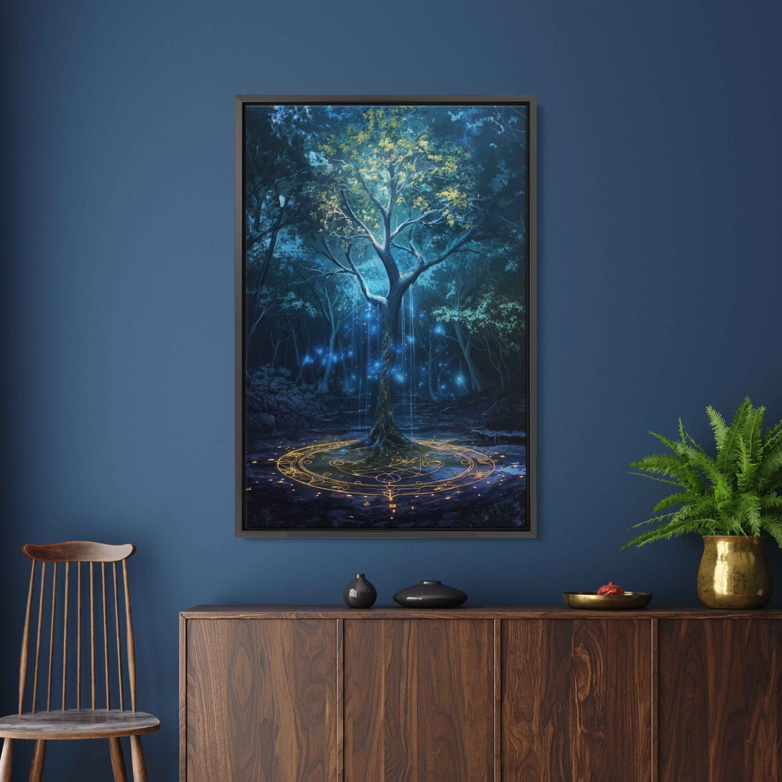 Magical Glowing Enchanted Tree Blue Night Forest Fantasy Art Poster