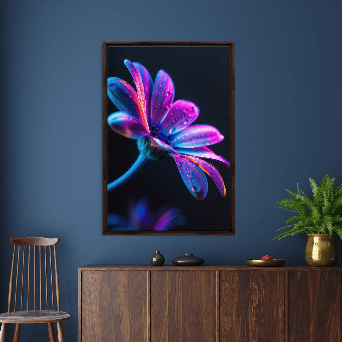 Neon Magenta Flower Macro Photography Dew Drops Black Poster - Image 3