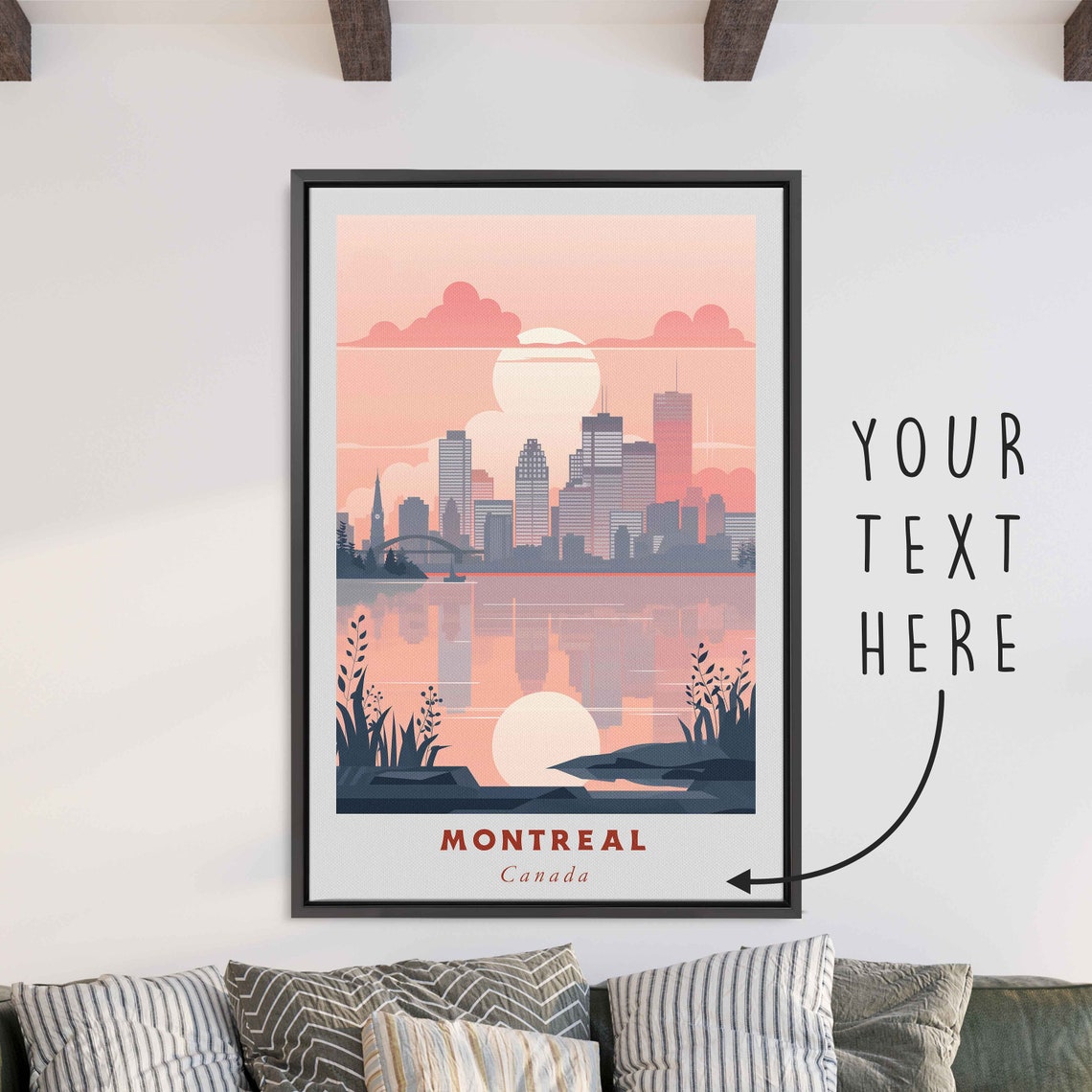 Montreal Canada Skyline River Reflection Pink Sunset Travel Poster