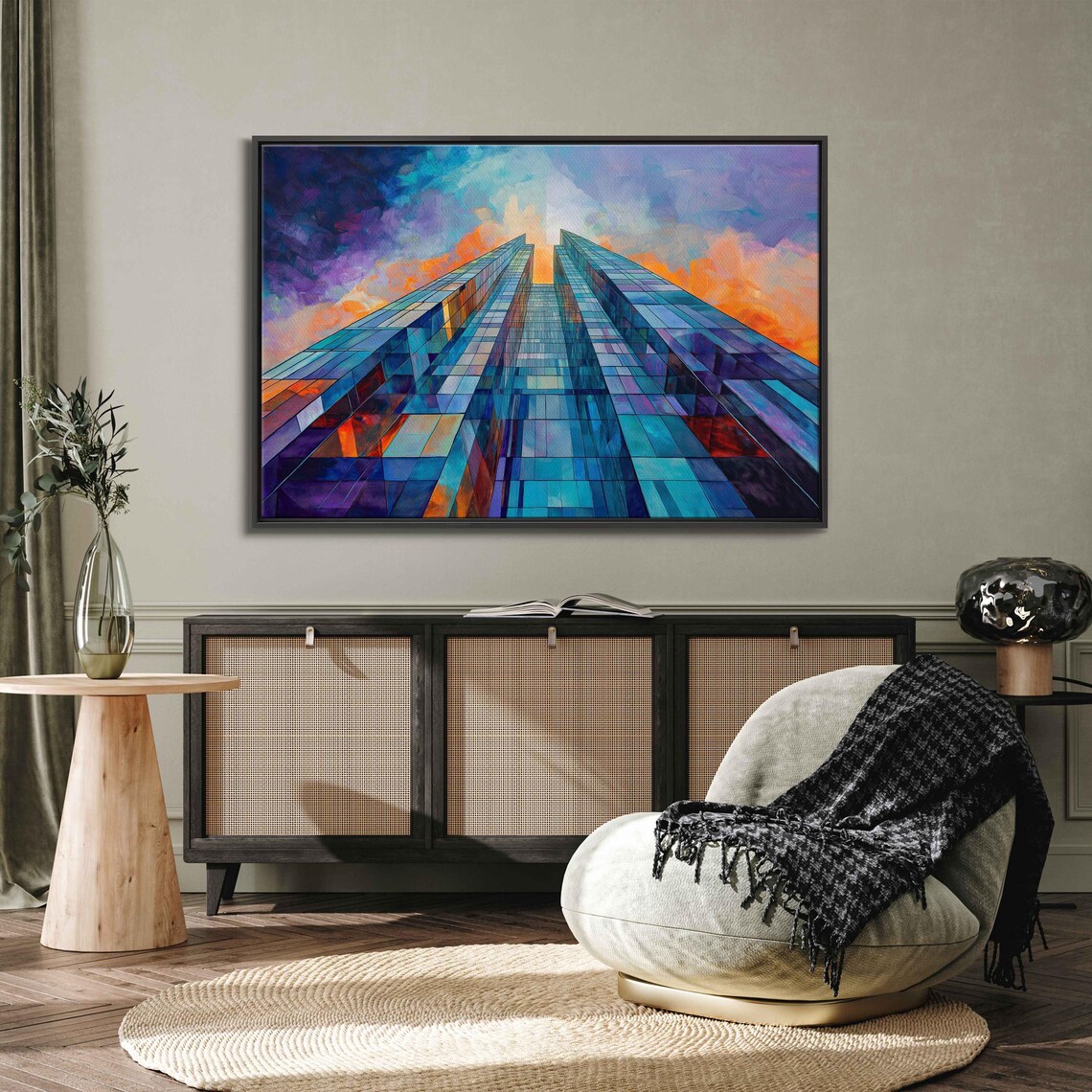 Modern Skyscraper Art Print, Geometric Twilight Sky