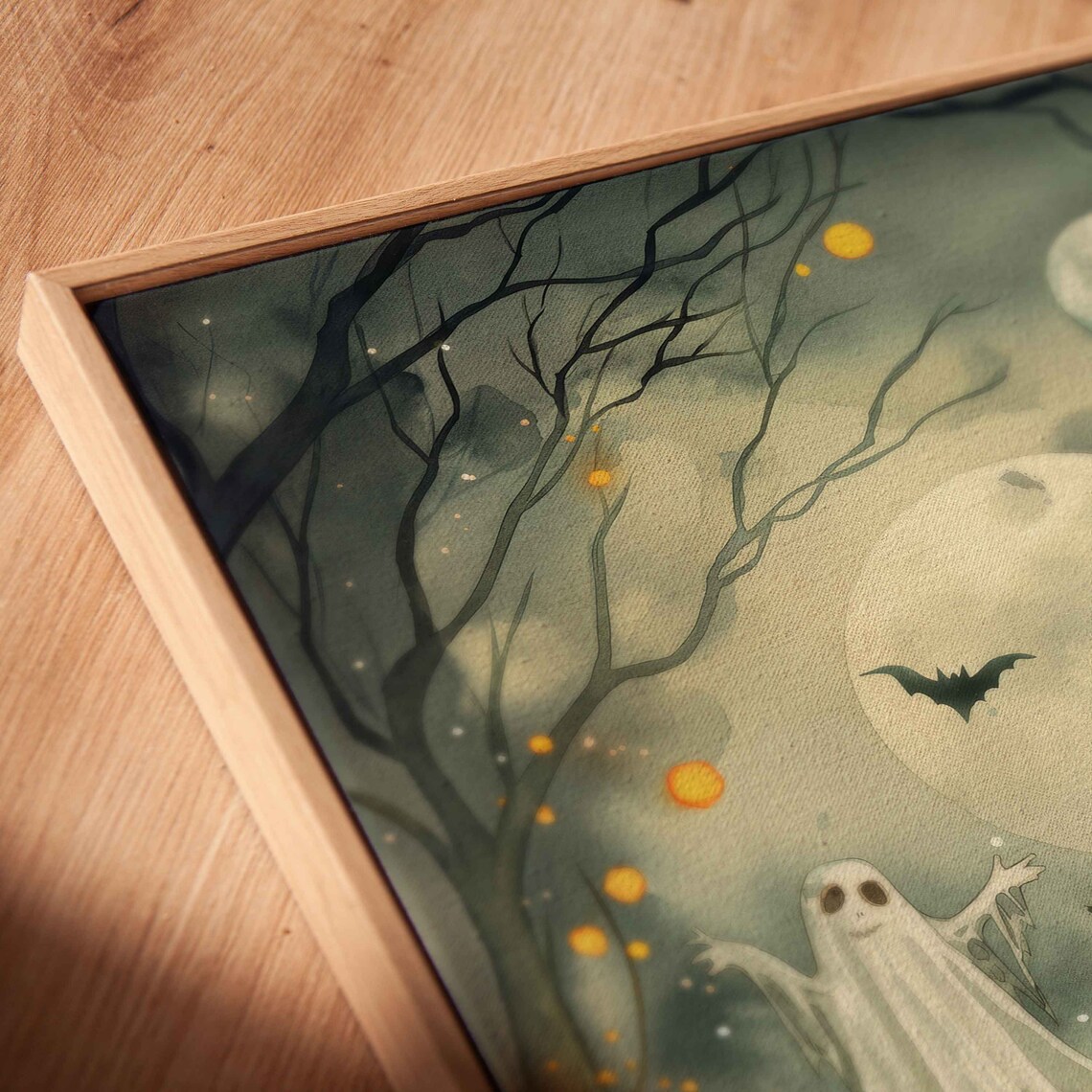 Moonlit Pumpkin Patch With Friendly Ghosts Bats And Glowing Pumpkins Wall Art - Image 2