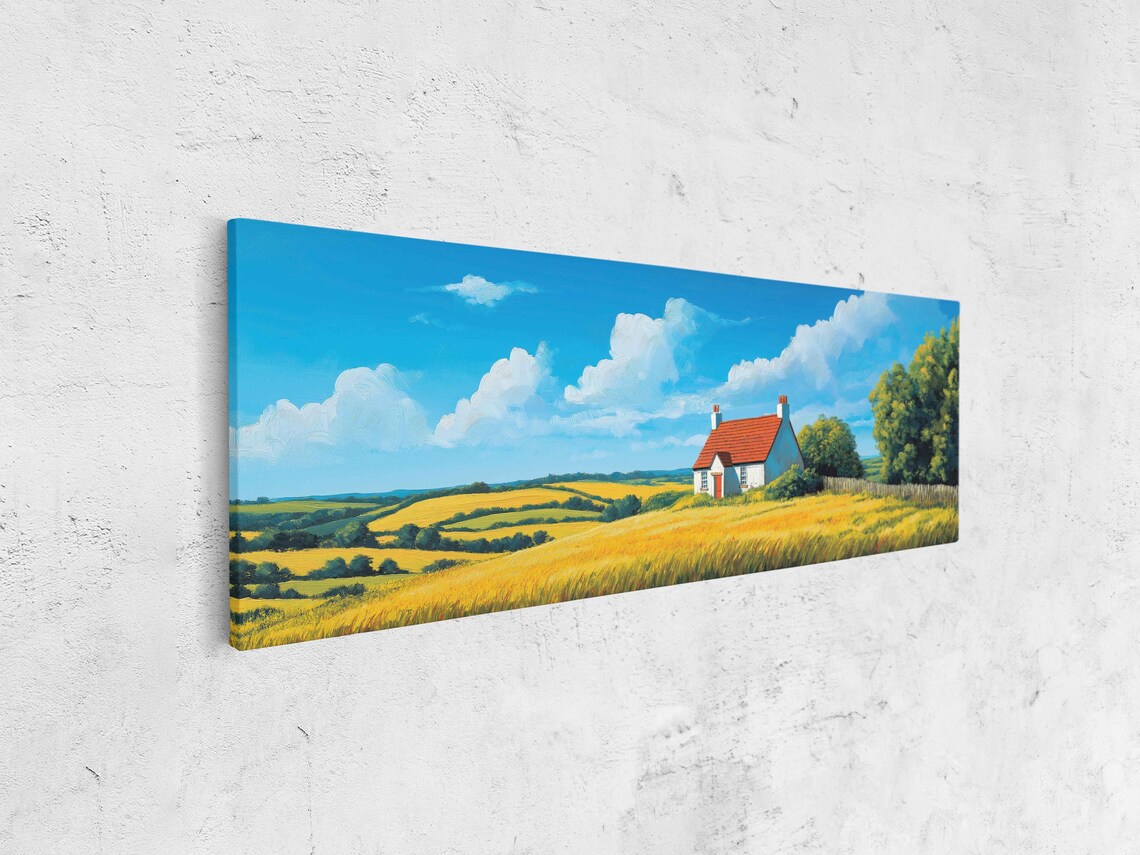 Red Roof Cottage In Golden Field Under Bright Blue Sky Poster - Image 4