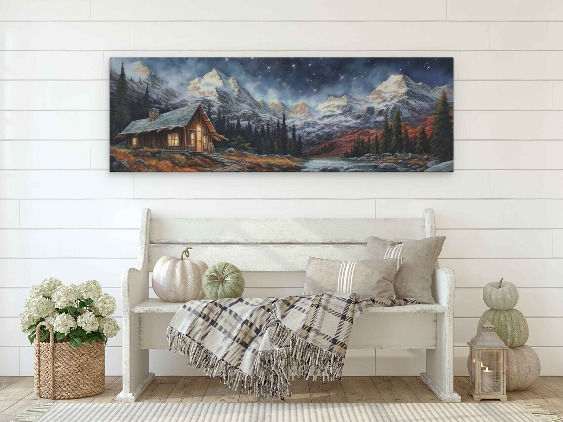 Mountain Cabin by River Starry Night Snowy Peaks Painting Poster - Image 2