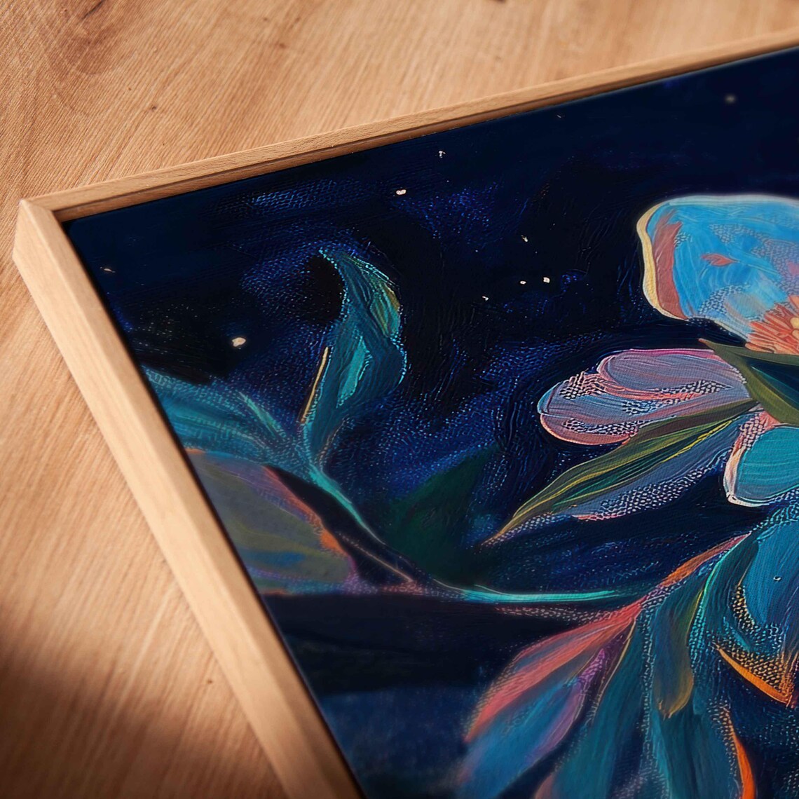 Glowing Moonlit Flowers Iridescent Blue Night Blossom Art Poster - Image 2