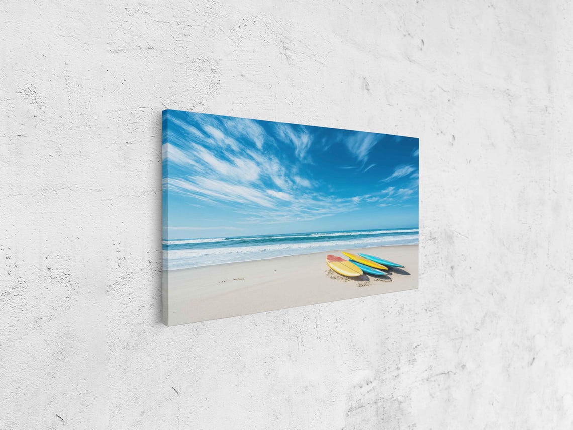 Colorful Surfboards White Sandy Beach Blue Ocean Waves Surf Wall Art - Image 4