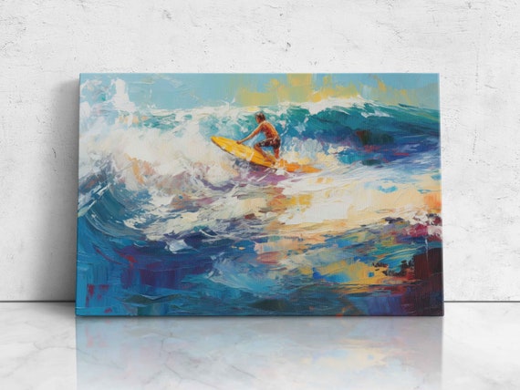 Surfing Oil Painting Textured Waves Print On Ready To Hang Gift For Surfer