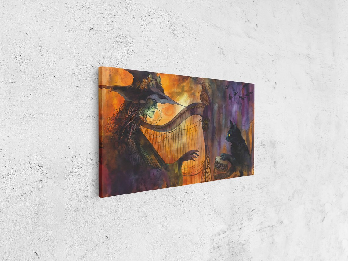 Witch Playing Harp With Black Cat Tambourine Spooky Halloween Art Print - Image 4