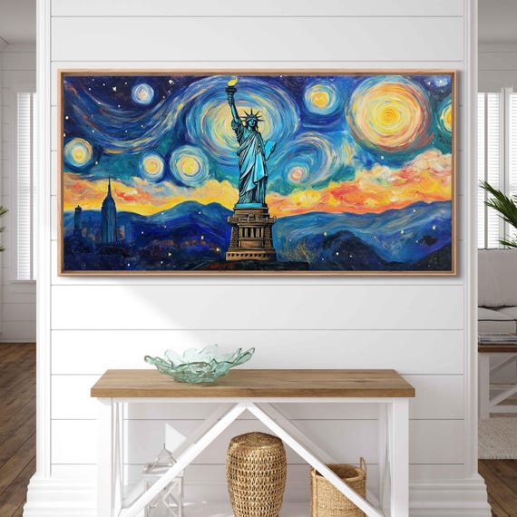 New York Statue Of Liberty Wall Art Print Starry Night Architecture Van Gogh Style Freedom Ready To Hang