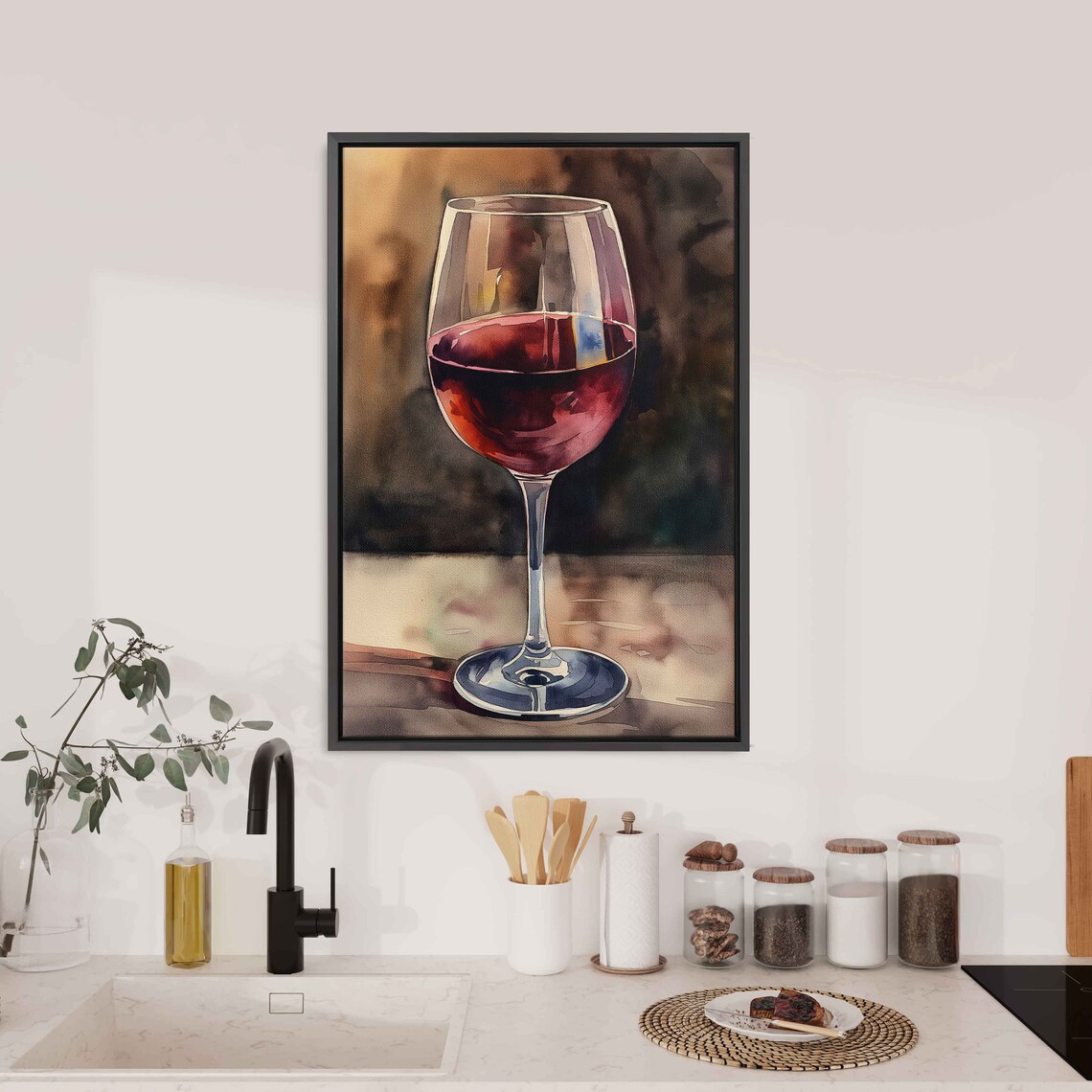 Classic Red Wine Glass Warm Amber Watercolor Style Kitchen Wall Art Poster