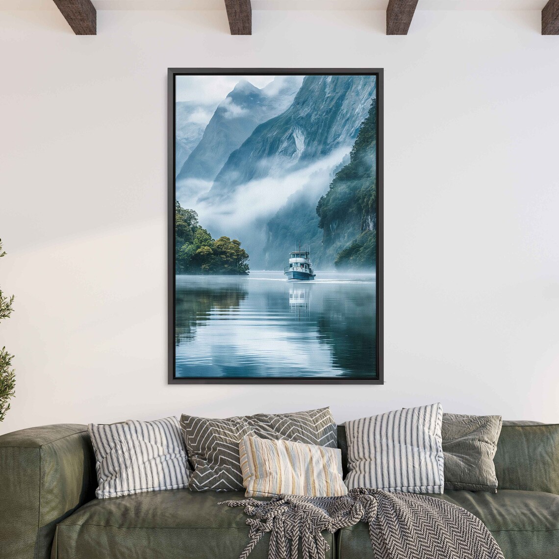 Misty Mountain Fjord Lake Boat Reflection Serene Travel Photography Poster