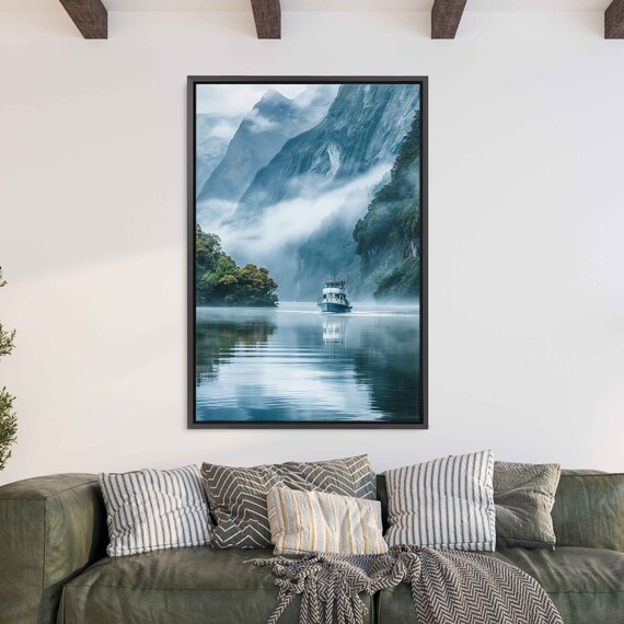 Misty Mountain Fjord Lake Boat Reflection Serene Travel Photography Poster