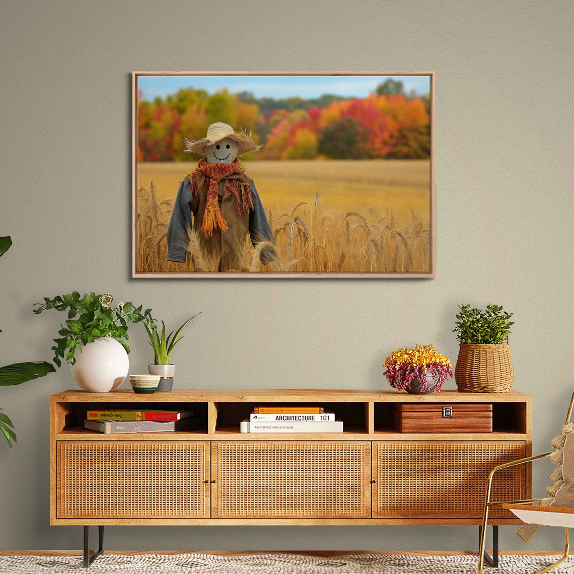 Friendly Scarecrow In Golden Wheat Field With Autumn Trees Poster - Image 3