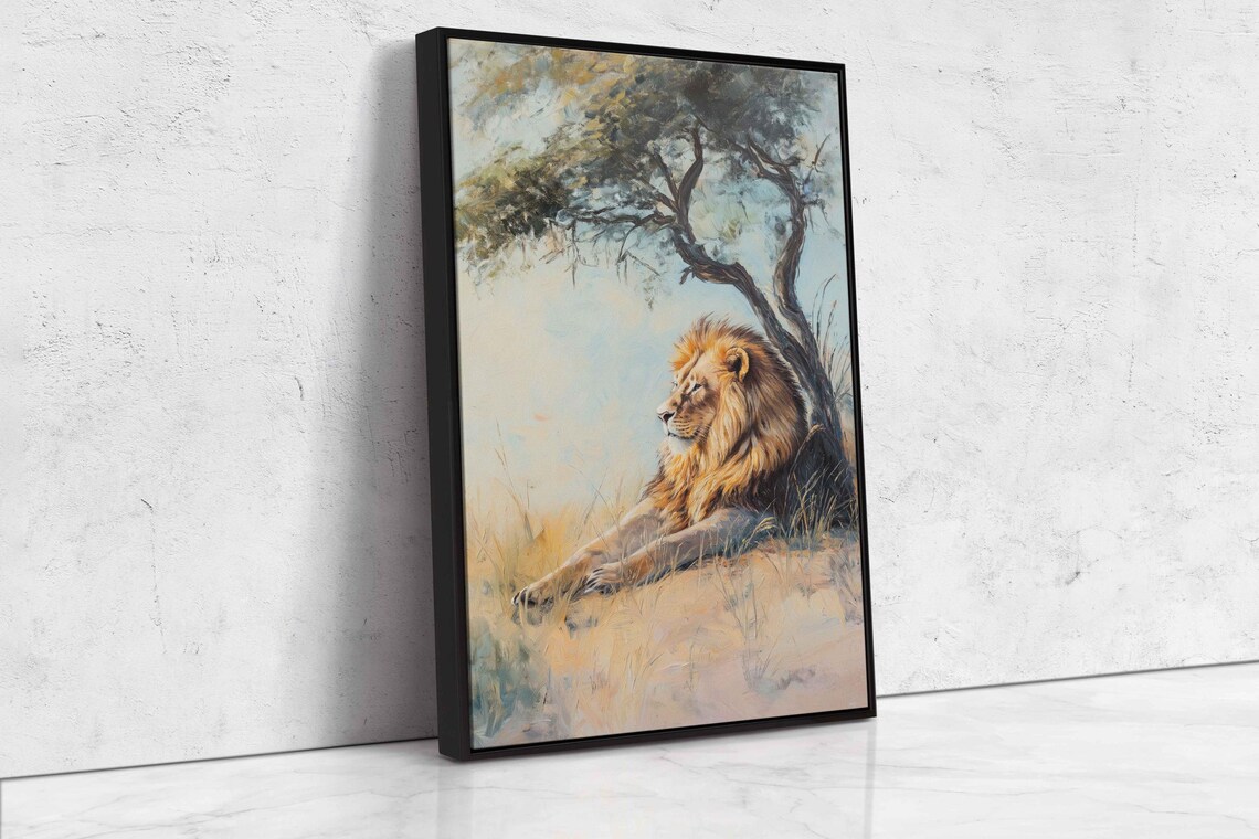 Serene Lion Resting Under Tree Pastel Tones Soft Oil Painting Poster - Image 4
